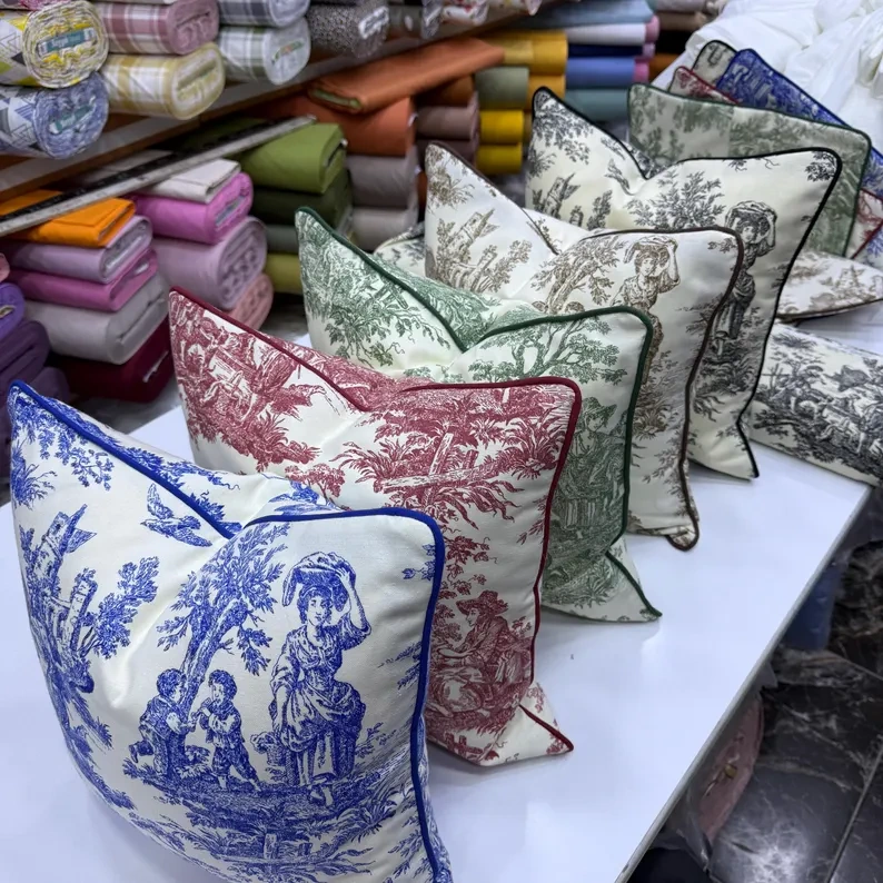 Toile de Jouy Kırlent Kılıfı – Fitil Detaylı Dekoratif Kırlent