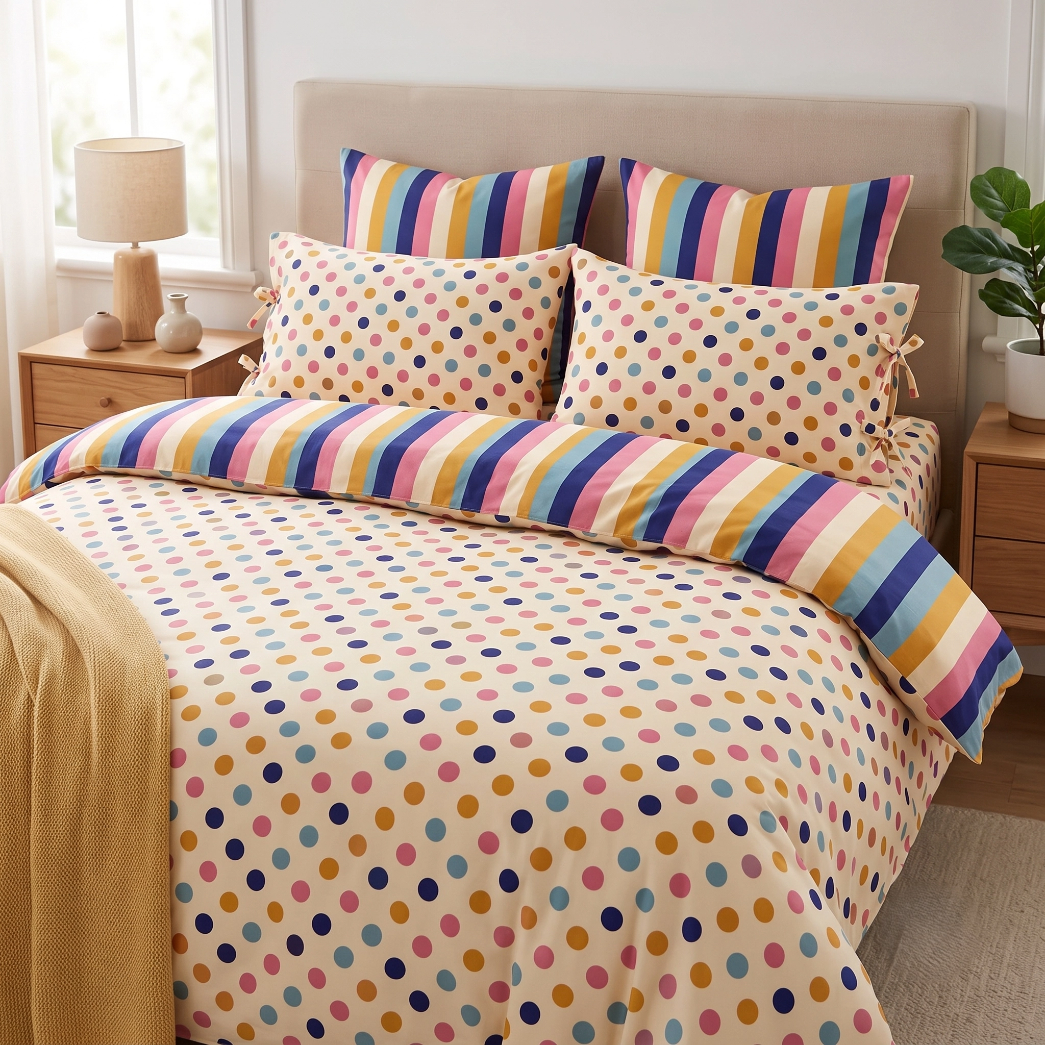 Riviera Retro Çift Taraflı Nevresim Takımı – %100 Pamuk Poplin, Puanlı & Çizgili