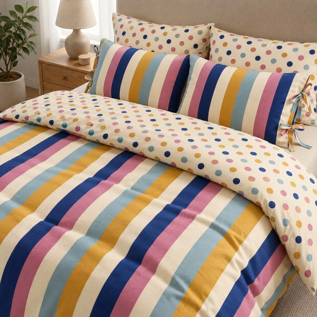 Riviera Retro Çift Taraflı Nevresim Takımı – %100 Pamuk Poplin, Puanlı & Çizgili