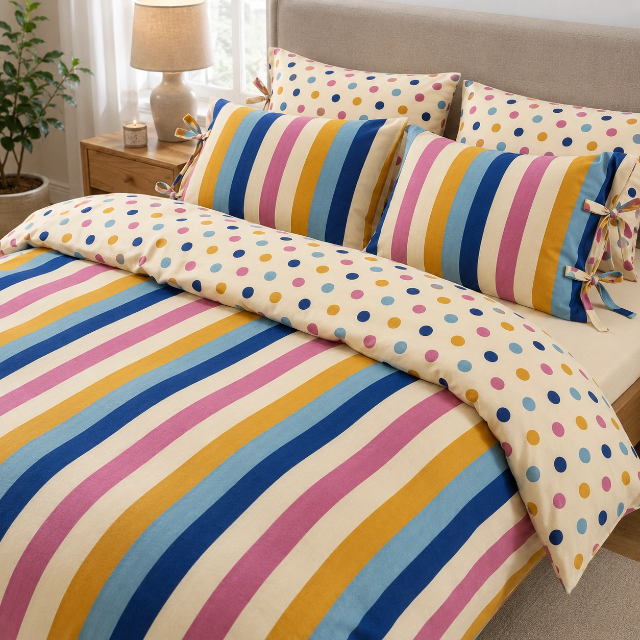 Riviera Retro Çift Taraflı Nevresim Takımı – %100 Pamuk Poplin, Puanlı & Çizgili