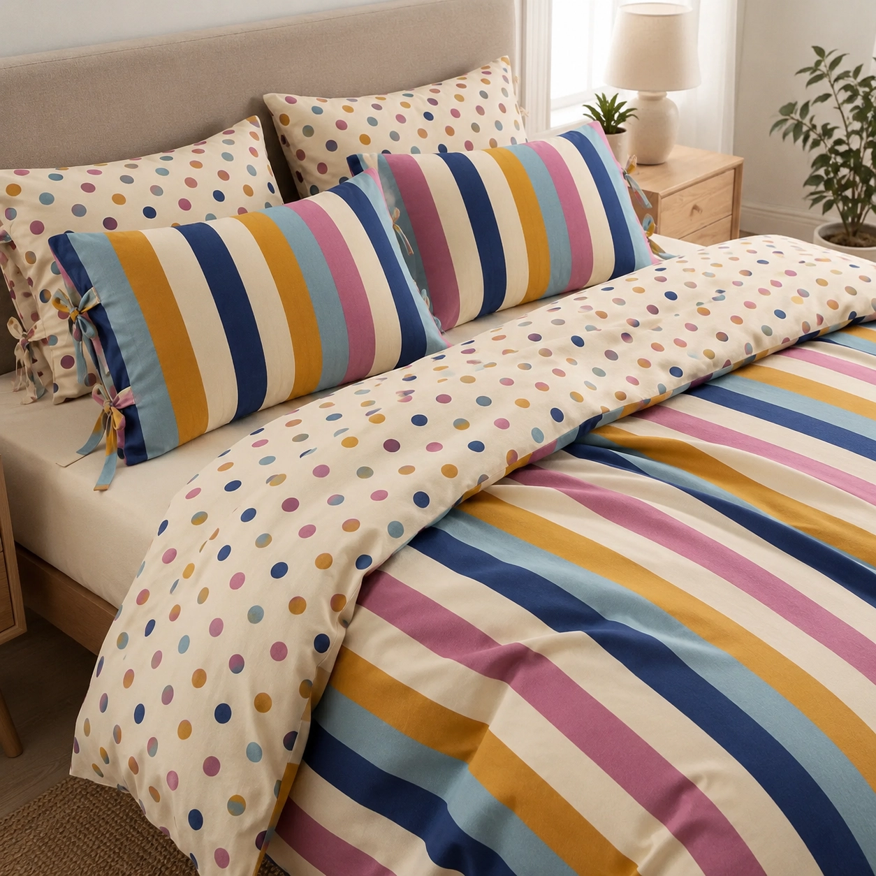 Riviera Retro Çift Taraflı Nevresim Takımı – %100 Pamuk Poplin, Puanlı & Çizgili
