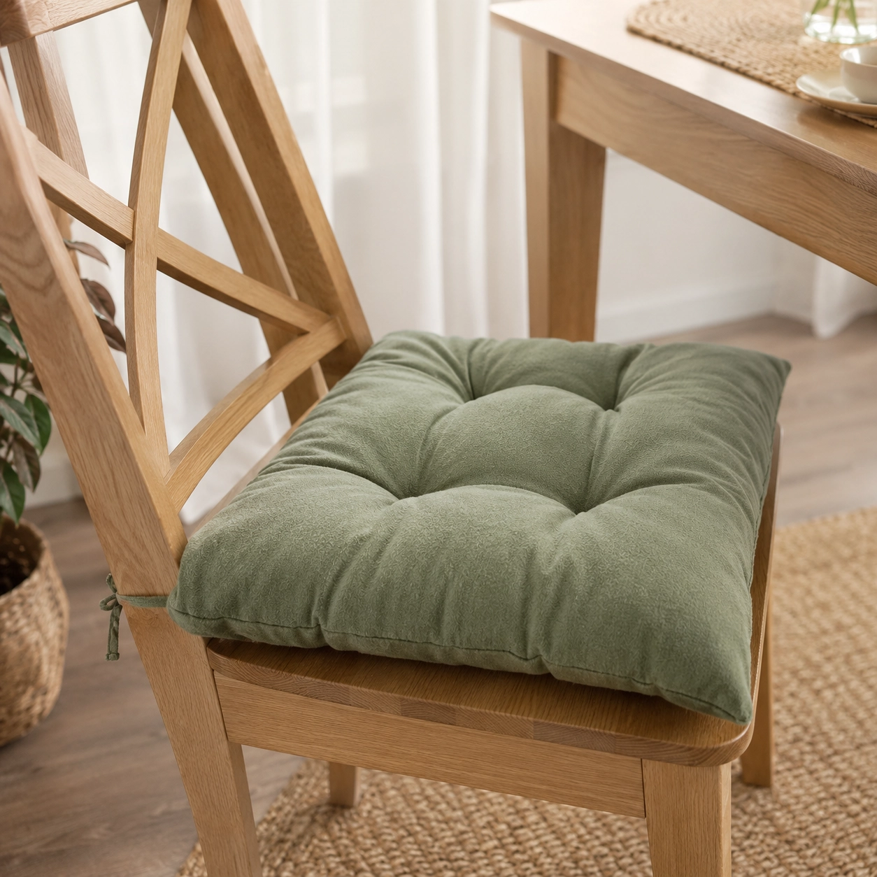 Bağcıklı Sandalye Minderi, Silikon Elyaf Dolgulu Puntalı Oturma Minderi 40x40